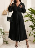 Women's Autumn Winter V-Neck Flare Plus Size Fashion Casual Belt Slim Waist Pleated Dress