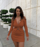 Spring Summer Women's Fashion Zipper Ribbed Long Sleeve Top & Short Skirt Two-Piece Set