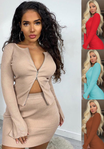 Spring Summer Women's Fashion Zipper Ribbed Long Sleeve Top & Short Skirt Two-Piece Set