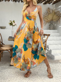 Sexy Low Back Strappy Print Summer Holidays Style Long Dress Tropical Leaf Dress
