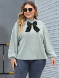 Women's Pullover Top Spring Autumn Plus Size Mock Neck Sweater Ribbon Bow Patchwork Rib Shirt