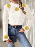 Women's Short Crop Knit Sweater Autumn Winter Crochet Patchwork Bell Sleeve Mock Neck Pullover Top
