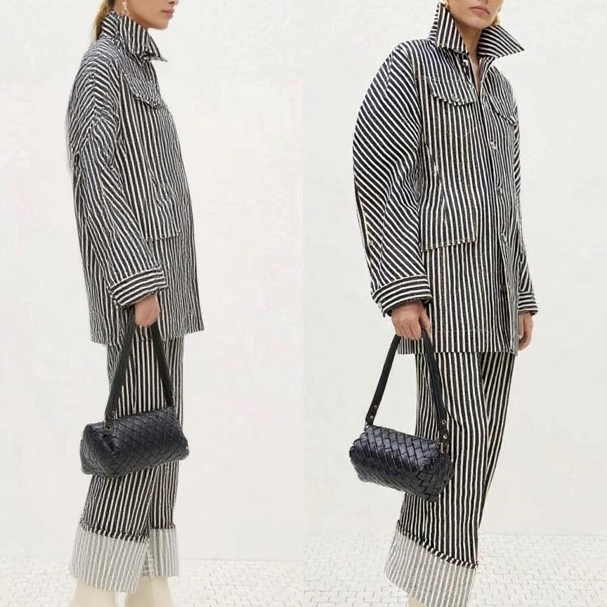 Button Stripe Long Sleeve Shirt & Wide Leg Pants Two-Piece Set