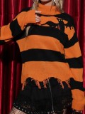 Halloween Bat Embroidered High Neck Sweater Loose Color Block Stripe Knit Top