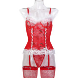 Christmas Outfit New Year Red Lace Cross Lace-Up Feather Strappy Three-Piece Lingerie Set