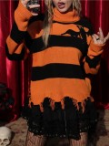 Halloween Bat Embroidered High Neck Sweater Loose Color Block Stripe Knit Top