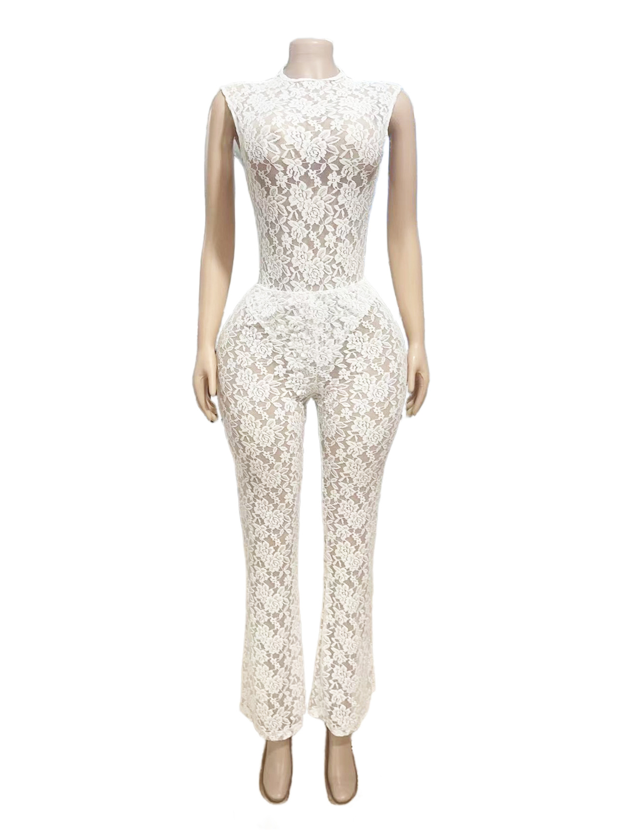 Women Sexy See-Through Lace Patchwork Bodysuit, Bell Bottom, Two-Piece Set
