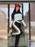 Fashion Street Color Block Patchwork Long Sleeve Sweatshirt & Sport Casual Pants Two-Piece Set