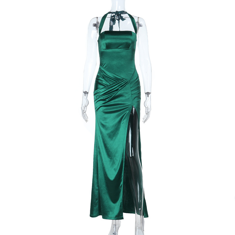 Satin Halter Neck Slit Sexy Dress Autumn Chic Long Gown