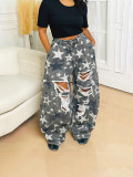 Washed Camo Star Ripped Denim Pants