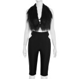 Women Autumn/Winter Halter Neck Fur Collar Backless Tie Cutout Top and Capri Two-Piece Set