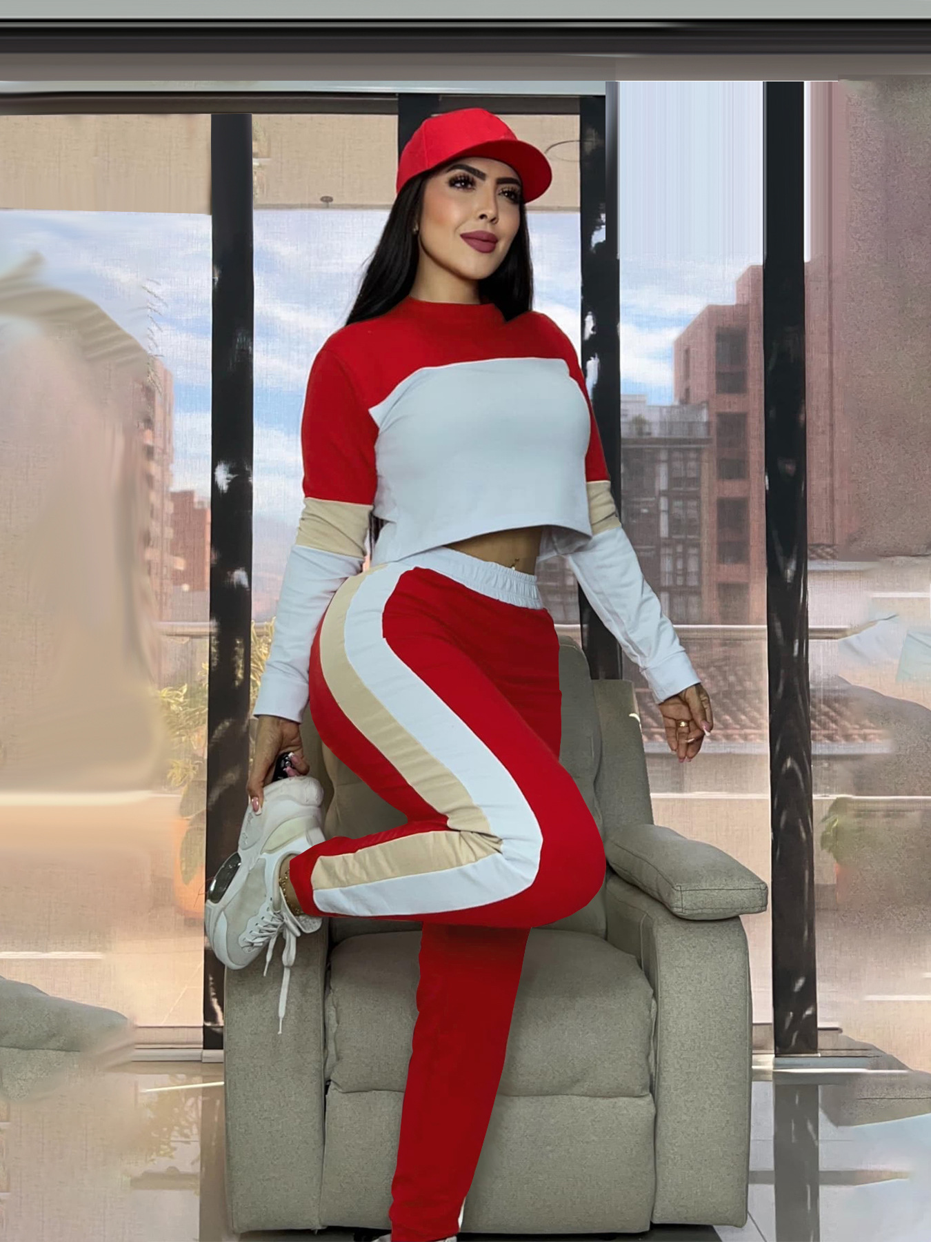 Fashion Street Color Block Patchwork Long Sleeve Sweatshirt & Sport Casual Pants Two-Piece Set