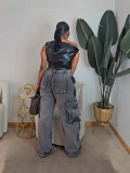 Hip Hop Street Ripped Ribbon Cargo Denim Pants