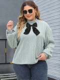 Women's Pullover Top Spring Autumn Plus Size Mock Neck Sweater Ribbon Bow Patchwork Rib Shirt