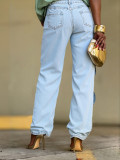 Color Block Patchwork Straight Leg Knot Cut-Out Denim Pants