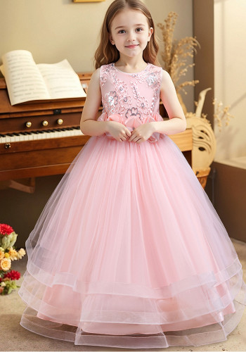 Embroidered Sequin Sleeveless Puffy Dress Girls Princess Dress Floral Mesh Long Gown