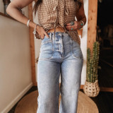 Women's Fashion Casual Washed Stretch Mid-Rise Straight Leg Denim Pants