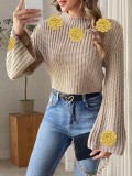 Women's Short Crop Knit Sweater Autumn Winter Crochet Patchwork Bell Sleeve Mock Neck Pullover Top