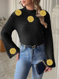 Women's Short Crop Knit Sweater Autumn Winter Crochet Patchwork Bell Sleeve Mock Neck Pullover Top