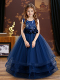 Embroidered Sequin Sleeveless Puffy Dress Girls Princess Dress Floral Mesh Long Gown