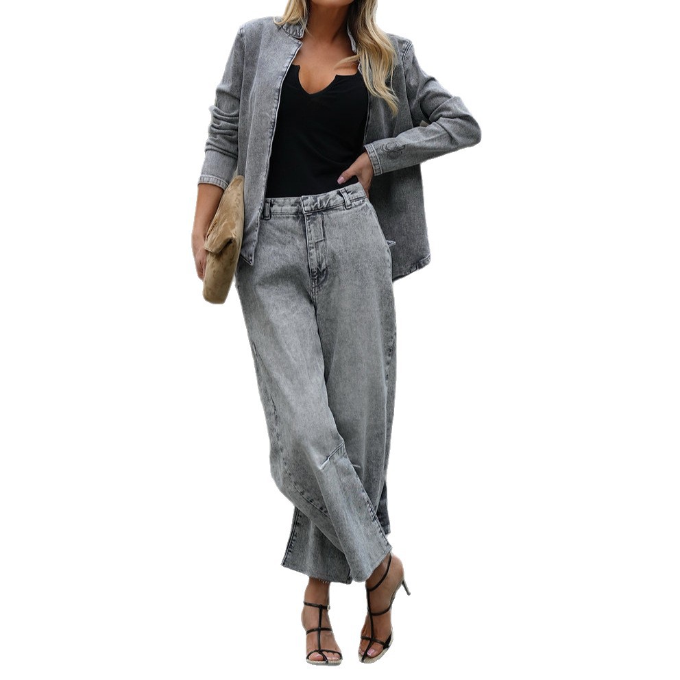 Women's Street Fashion Casual Slim Denim Blazer Pants Set