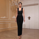 Sweetheart Neck Low Back Slim Fit Ruffle Rhinestone Sleeveless Party Bandage Jumpsuit