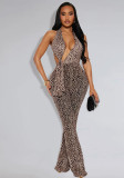 Fashion Women's Sexy Leopard Print Halter Neck Jumpsuit