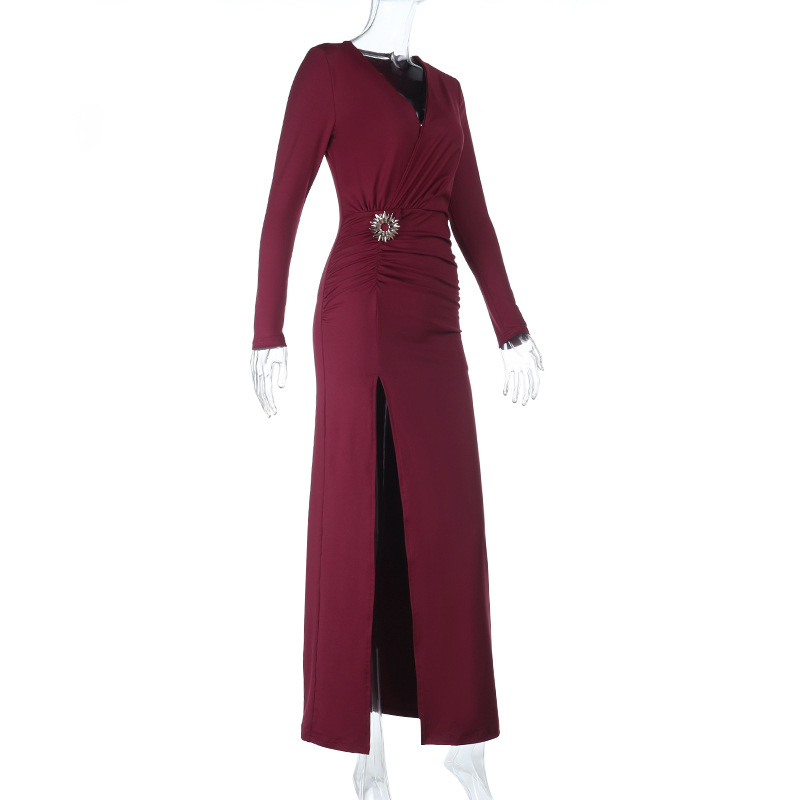 Women Sexy V-Neck Metal-Buttoned Slit Long-Sleeve Maxi Dress