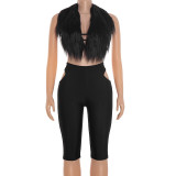 Women Autumn/Winter Halter Neck Fur Collar Backless Tie Cutout Top and Capri Two-Piece Set