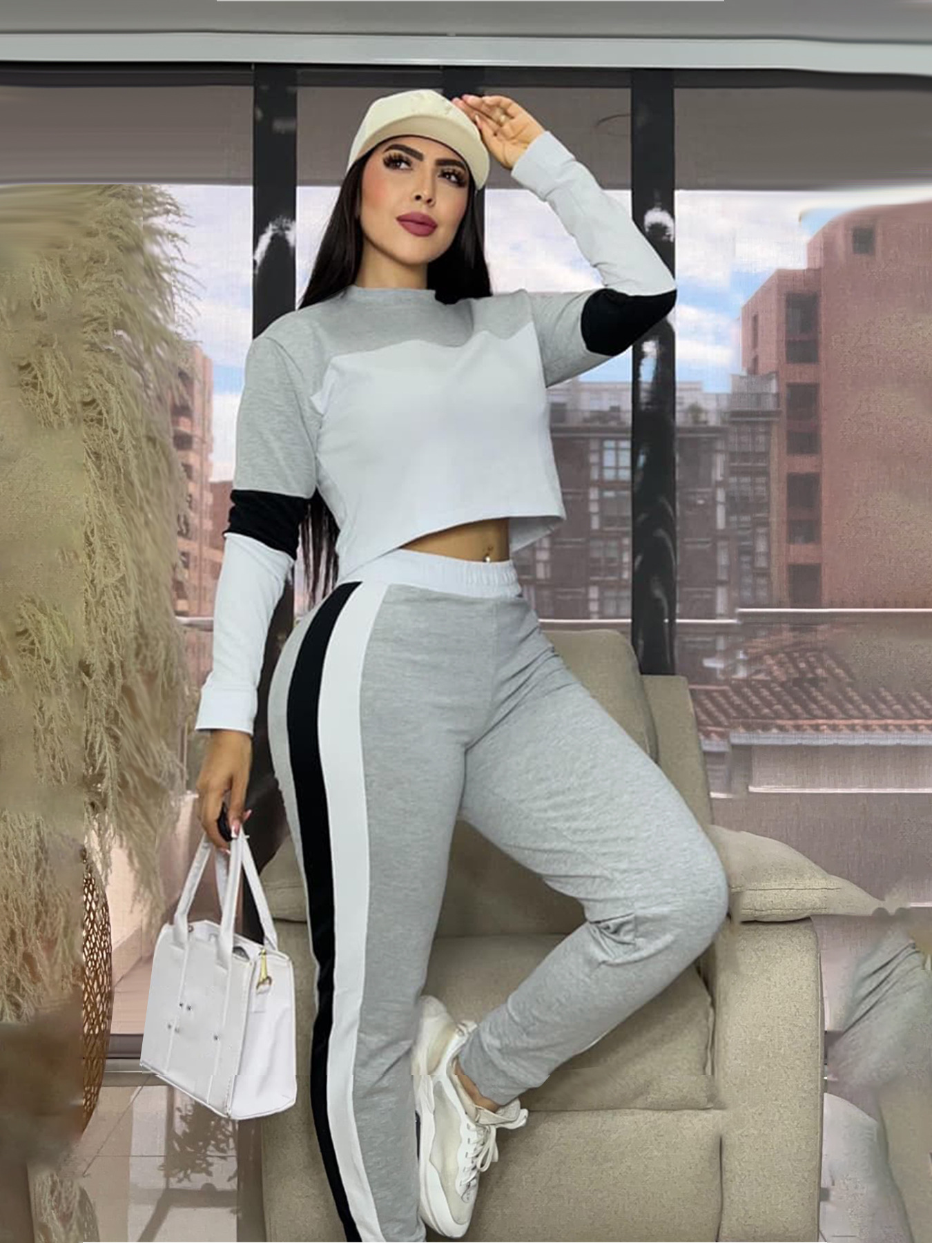 Fashion Street Color Block Patchwork Long Sleeve Sweatshirt & Sport Casual Pants Two-Piece Set