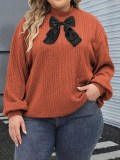 Women's Pullover Top Spring Autumn Plus Size Mock Neck Sweater Ribbon Bow Patchwork Rib Shirt