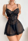 Sexy Lingerie Set Lace See-Through Drawstring Patchwork Nightgown & Thong Two-Piece Set