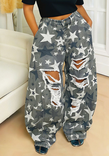 Washed Camo Star Ripped Denim Pants