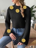Women's Short Crop Knit Sweater Autumn Winter Crochet Patchwork Bell Sleeve Mock Neck Pullover Top