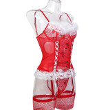 Christmas Outfit New Year Red Lace Cross Lace-Up Feather Strappy Three-Piece Lingerie Set