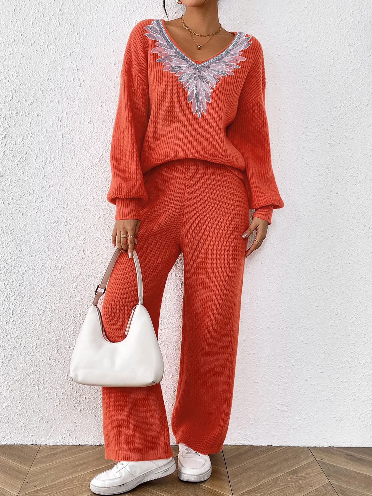 Women's Knitted V-Neck Loose Top & Solid Wide Leg Straight Pants Sweater Two-Piece Set