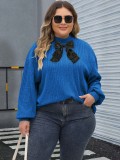 Women's Pullover Top Spring Autumn Plus Size Mock Neck Sweater Ribbon Bow Patchwork Rib Shirt
