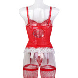 Christmas Outfit New Year Red Lace Cross Lace-Up Feather Strappy Three-Piece Lingerie Set