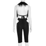 Women Autumn/Winter Halter Neck Fur Collar Backless Tie Cutout Top and Capri Two-Piece Set