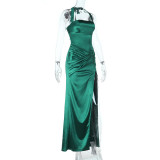 Satin Halter Neck Slit Sexy Dress Autumn Chic Long Gown
