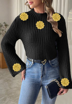 Women's Short Crop Knit Sweater Autumn Winter Crochet Patchwork Bell Sleeve Mock Neck Pullover Top Women's Short Crop Knit Sweater Autumn Winter Crochet Patchwork Bell Sleeve Mock Neck Pullover Top