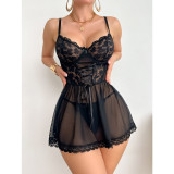 Sexy Lingerie Set Lace See-Through Drawstring Patchwork Nightgown & Thong Two-Piece Set
