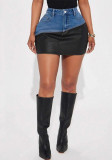 Women's Leather Patchwork Denim Short Skirt