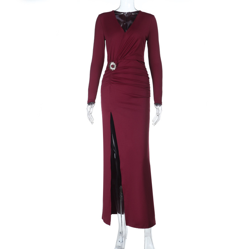 Women Sexy V-Neck Metal-Buttoned Slit Long-Sleeve Maxi Dress