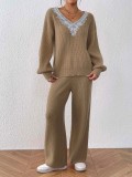 Women's Knitted V-Neck Loose Top & Solid Wide Leg Straight Pants Sweater Two-Piece Set