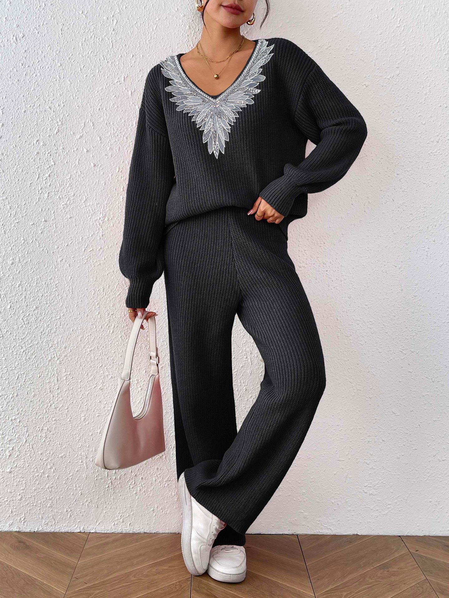 Women's Knitted V-Neck Loose Top & Solid Wide Leg Straight Pants Sweater Two-Piece Set