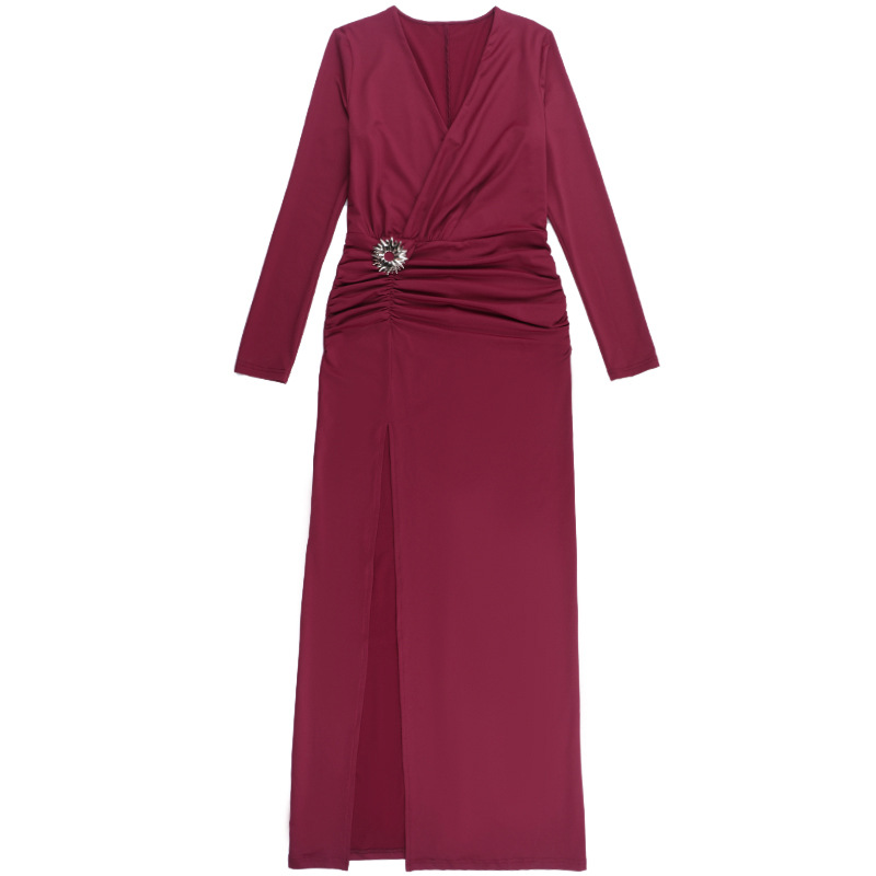Women Sexy V-Neck Metal-Buttoned Slit Long-Sleeve Maxi Dress