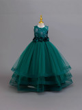 Embroidered Sequin Sleeveless Puffy Dress Girls Princess Dress Floral Mesh Long Gown