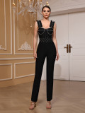 Sweetheart Neck Low Back Slim Fit Ruffle Rhinestone Sleeveless Party Bandage Jumpsuit