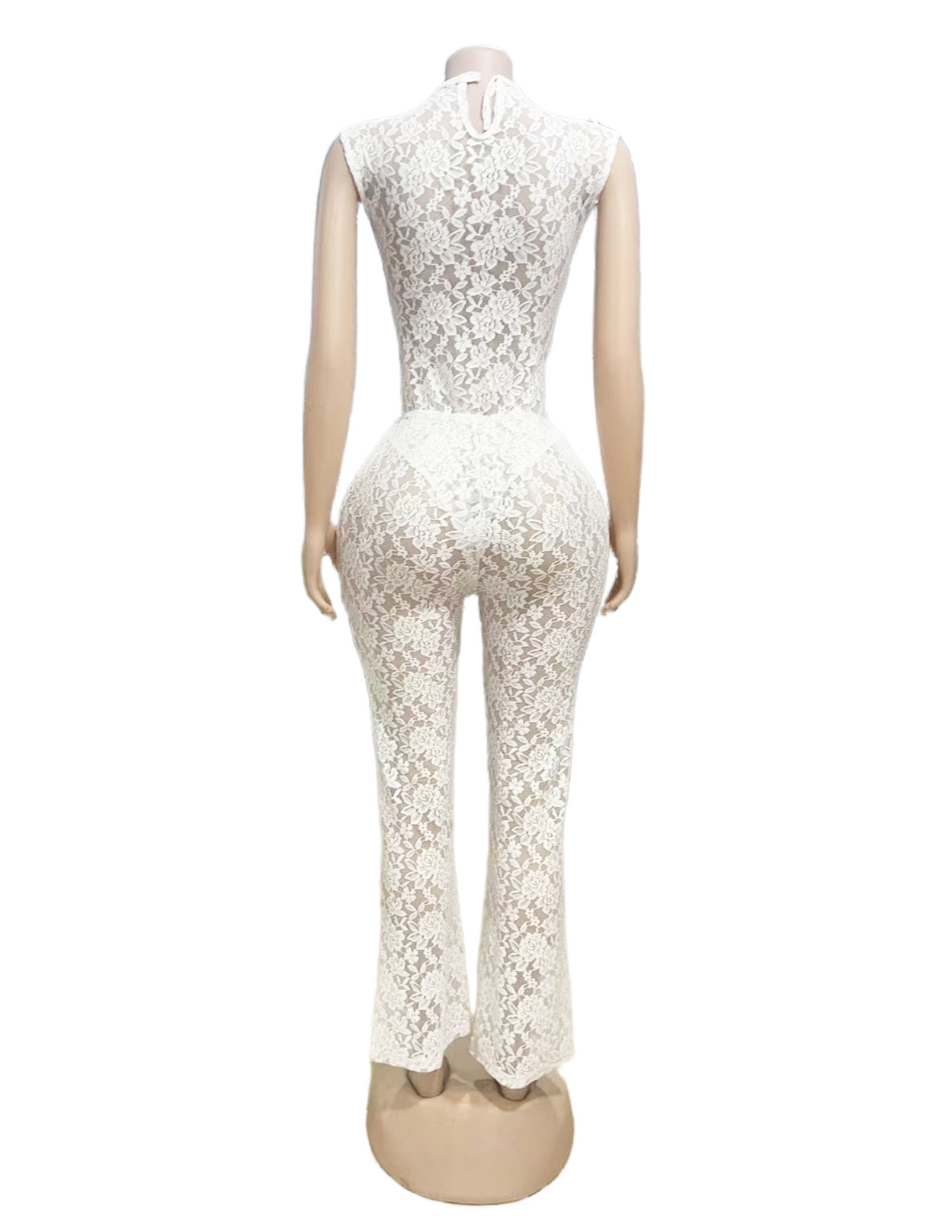 Women Sexy See-Through Lace Patchwork Bodysuit, Bell Bottom, Two-Piece Set